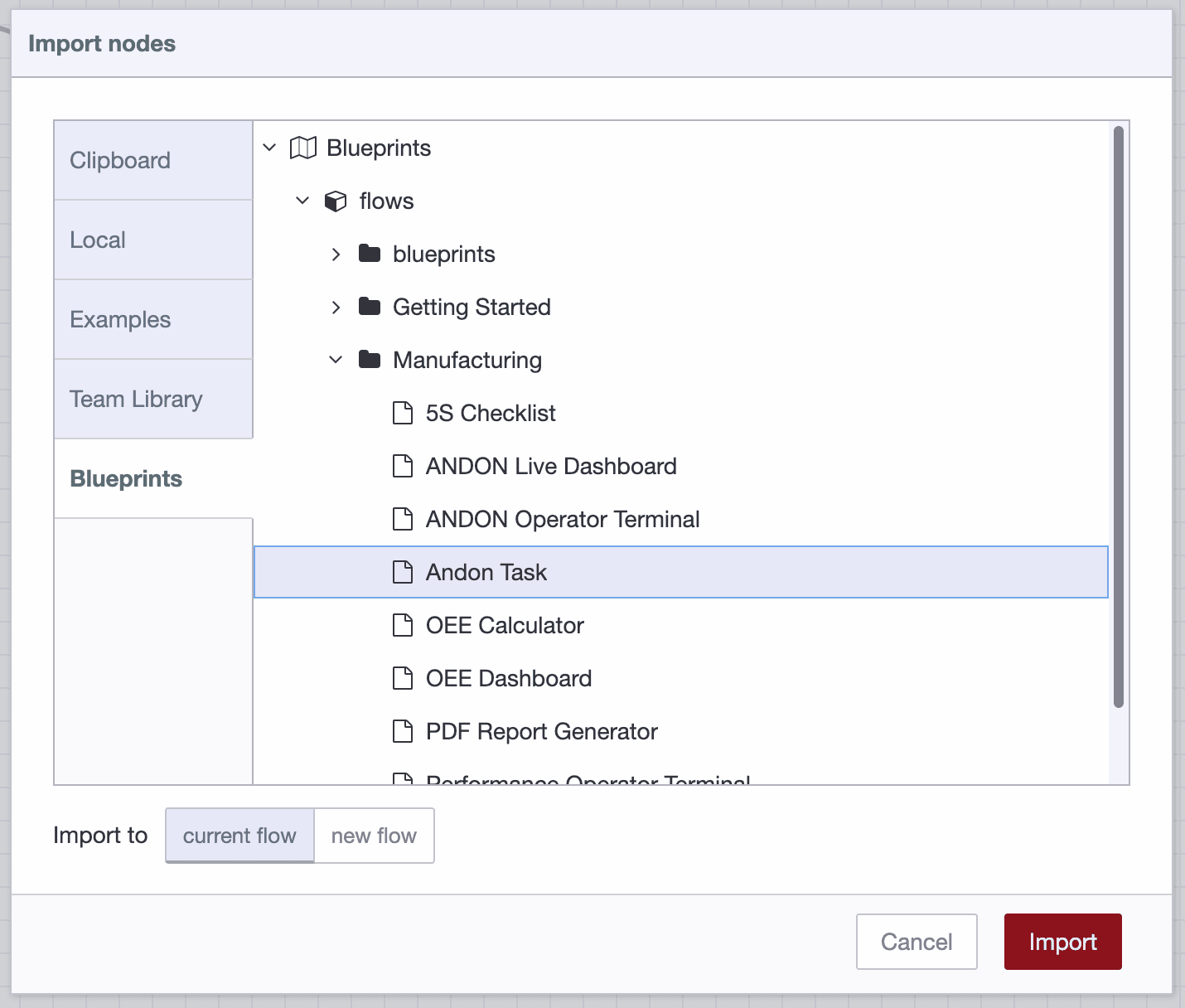 Screenshot of the Node-RED import dialog