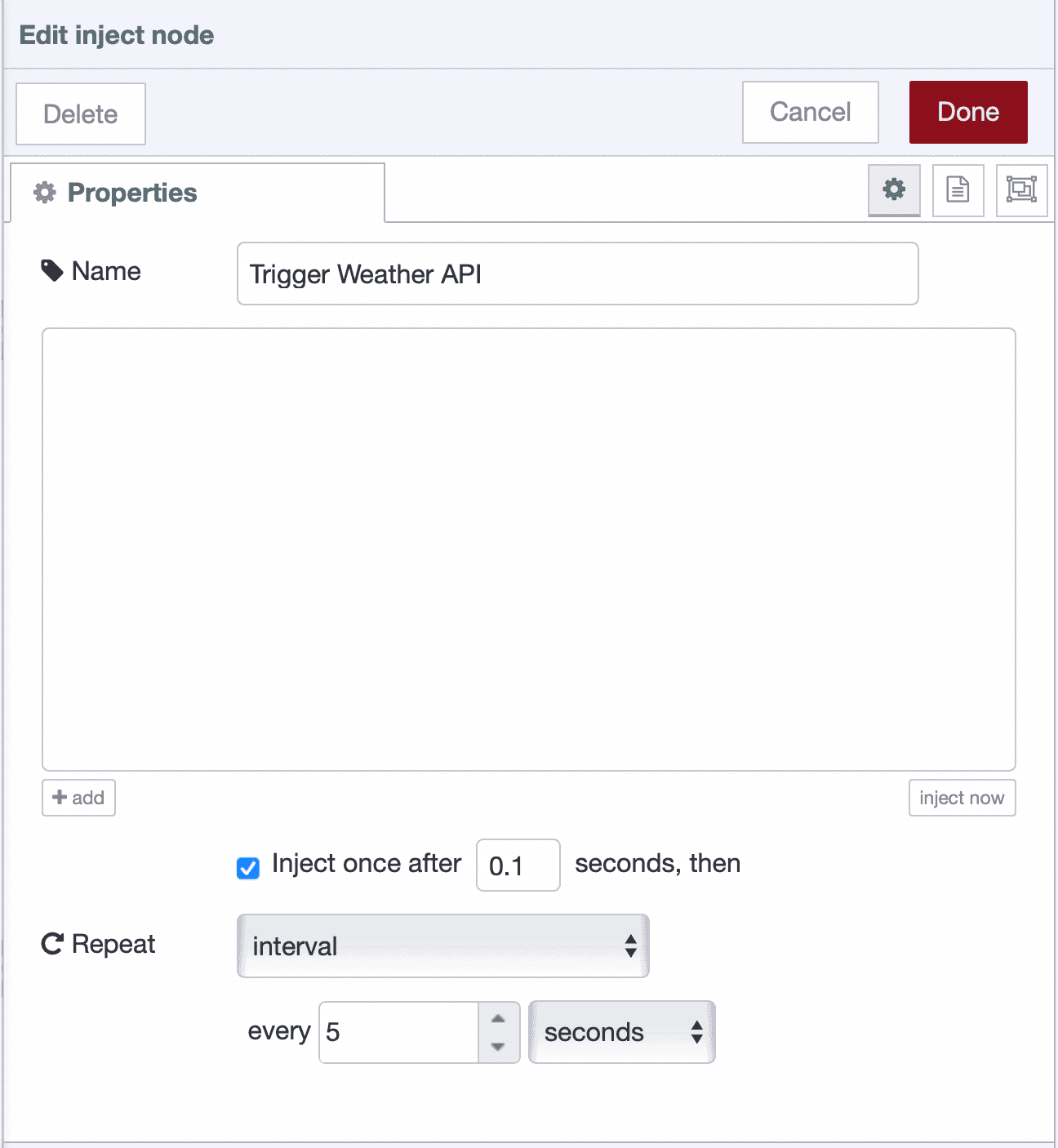 Inject node configured to trigger the weather API every 5 seconds